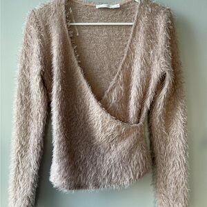 Lush Fuzzy V-Neck Sweater - Tan